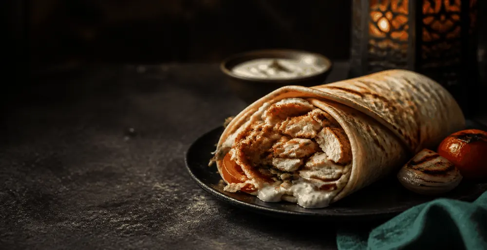 Shawarma artesanal servido em mesa escura